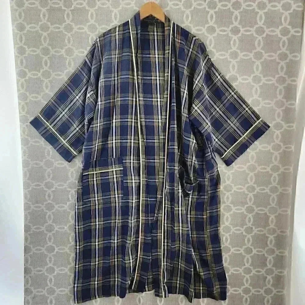 Bill blass  Cotton Blend Navy Plaid Men's Robe One Size